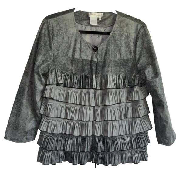 Great Cavalier Womens Tiered Ruffle Faux Suede Jacket Medium Grays Button - Picture 1 of 8